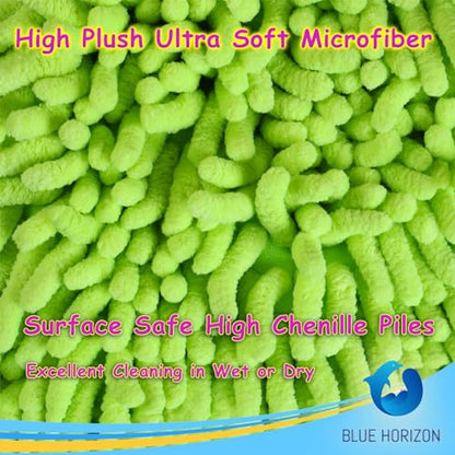 Microfiber Fingers Dusting & Cleaning Mitt and Large Towel Set, Machine Washable, Highly Absorbent Car Detailing Cleaner for Drying, Washing and Wax Polishing (1 Green Mitt, 1 Blue Towel)