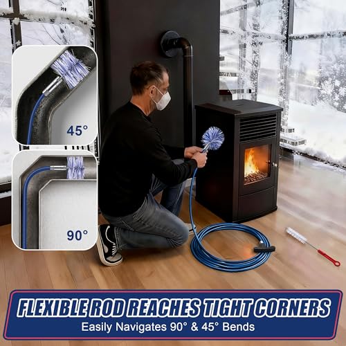 Dreyoo Pellet Stove Cleaning Brush Kit, 20 FT Flexible Steel Rod with 3" Brush Head, T Handle, Multi Purpose Flue Detail Cleaner, Nylon Stove Flue Pipe Kit for Pellet Furnace Exhaust Pipes - size: 20FT with 3" Brush Head