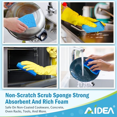 AIDEA Sponges Kitchen, Non Scratch Scrub Sponge, 6Count, Sponges for Non Stick Cookware, Cleaning Sponge for Dishes, Cleans Fast Without Scratching, Cleaning Power for Kitchen, Bathroom, Household - color: Blue