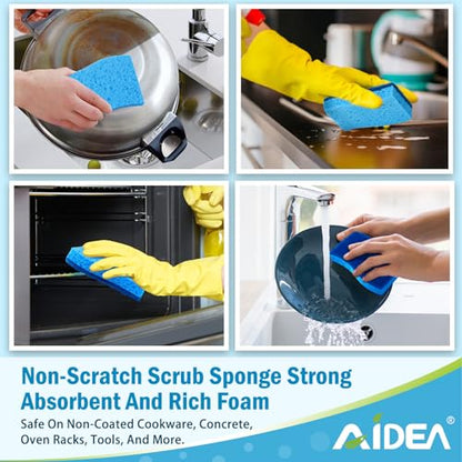 AIDEA Sponges Kitchen, Non Scratch Scrub Sponge, 6Count, Sponges for Non Stick Cookware, Cleaning Sponge for Dishes, Cleans Fast Without Scratching, Cleaning Power for Kitchen, Bathroom, Household - color: Blue