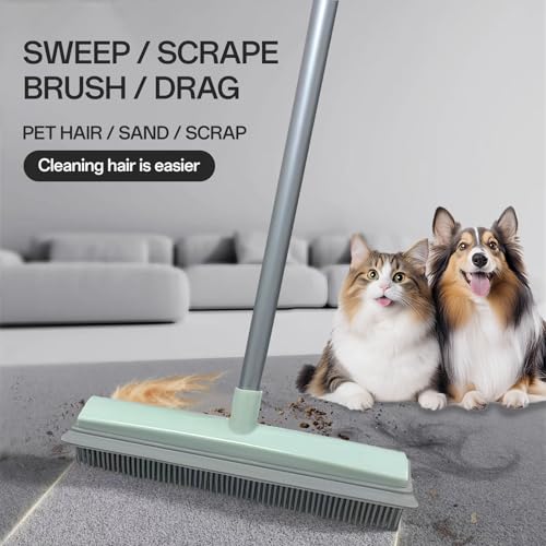 Rubber Broom with Hair Removal Gloves for Carpet Pet Hair Remover,50 inch Long Handled Fur Remover Rake,Portable Detailing Lint Brush,Pet Removal Fluff Carpet,Hardwood Floor,Tile,Green