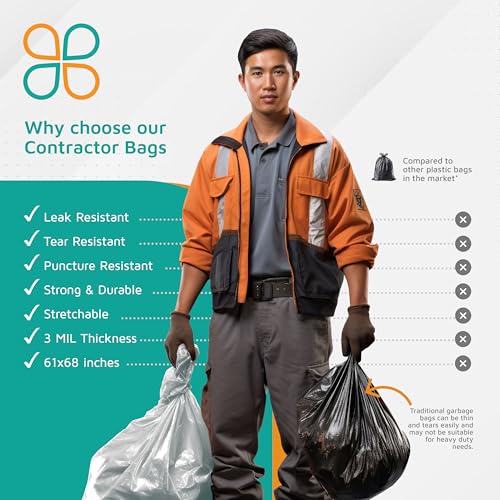PlasticMill Contractor Bags Heavy Duty - Commercial, Industrial Garbage Bags - Clear Construction Trash Bags - Outdoor, Garden Trash Bags, 95-Gallon, 3 Mil, 61"x68" (10-Count) - size: 1 Count (Pack of 10)
