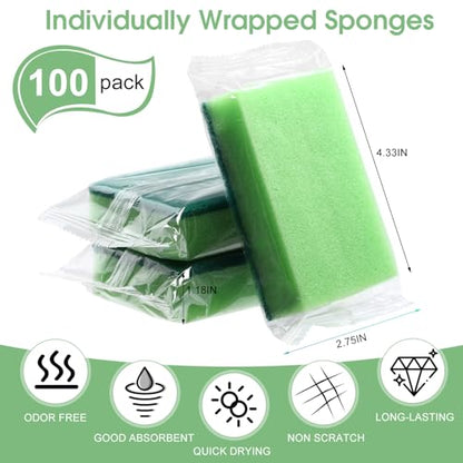 Tioncy 100 Pcs Individually Wrapped Sponges Bulk Kitchen Green Non Scratch Scrub Sponges Dual Sided Cleaning Scrubber for Household Washing Dishes, Pots, Pans, Sinks, Stoves, Appliances, Car, Bike - color: Green