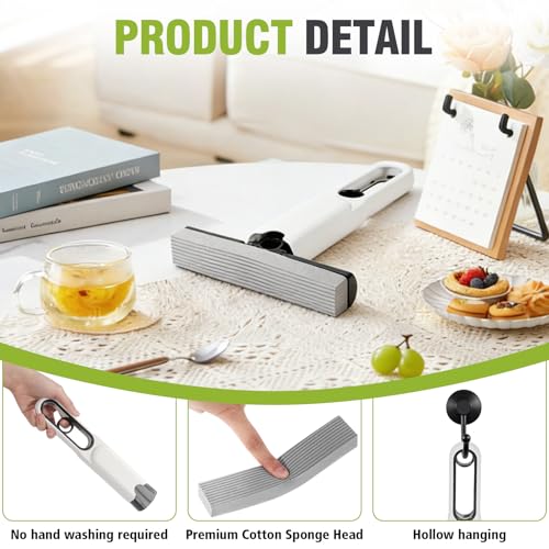 Mini Sponge Mop Self Wringing, Foldable Desktop Mop with Upgraded Handle + 2 Refill Heads, Compact Hand Mop for Countertop, Bathroom, Car Glass, Quick Wet & Dry Cleanup