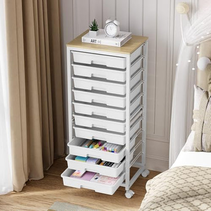 SYKIARIOL Rolling Cart with Drawers,10 Drawer Rolling Cart,Storage Cart with Wheels,Utility Cart with Drawers,Teacher Cart for Classroom Storage,Craft Cart with Wheels and Wooden Tabletop,White - color: white