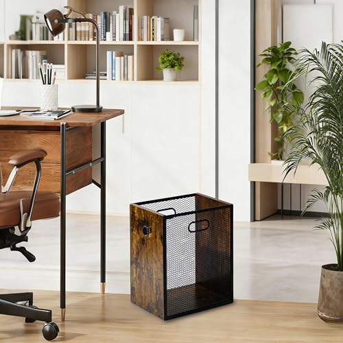 Office Trash Can 4.5 Gallon, Metal Mesh and Wood Combination Small Garbage Can, Rectangular Waste Basket with Handle, Industrial Trashcan for Home Office, Bedroom, Living Room