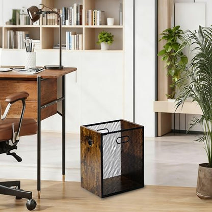 Office Trash Can 4.5 Gallon, Metal Mesh and Wood Combination Small Garbage Can, Rectangular Waste Basket with Handle, Industrial Trashcan for Home Office, Bedroom, Living Room