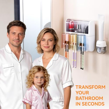 Toothbrush Holder Wall Mounted with Automatic Toothpaste Dispenser, Dustproof Flip Cover and Inverted Cup Slots, Multi-Functional No-Drill Bathroom Organizer for Family, Space Saver (3 Cups) - color: 3 Cups