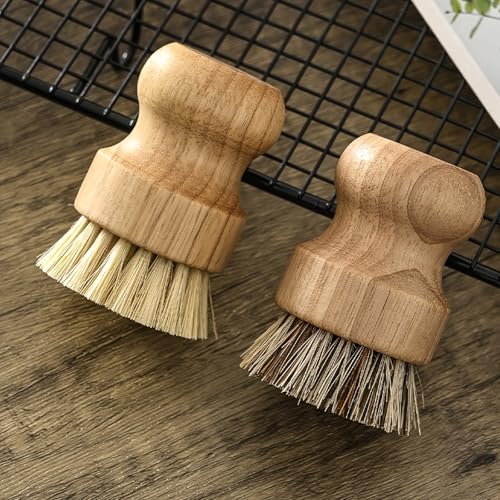 2 Pcs Bamboo Dish Brush, Palm Round Mini Pot Brush Natural Scrub Brush Durable Scrubber Cleaning Kit with Union Fiber for Cleaning Pots and Pans