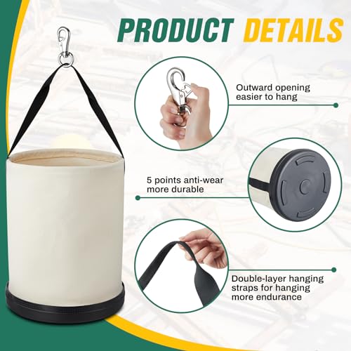 2 Pack Canvas Bucket 15" x 12" Heavy Duty Lineman Tool Bag with Plastic Bottom & Metal Hook Electrician Tool Organizer for Jobsite Use, Load Rated up to 150 Pounds (White) - color: White