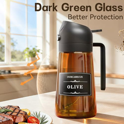 OURCABECUE 2 in 1 Olive Oil Sprayer for Cooking, 16oz/470ml Glass Olive Oil Dispenser Bottle for Kitchen, Light-Blocking Dark Brown Oil Mister with 8 Oil Stickers (Black 2PC) - color: Brown Bottle-Black 2PC