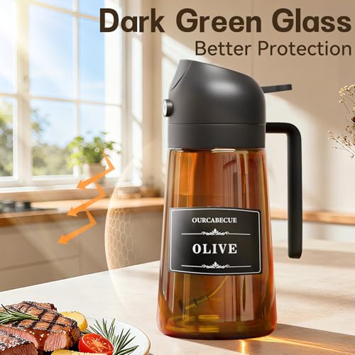 OURCABECUE 2 in 1 Olive Oil Sprayer for Cooking, 16oz/470ml Glass Olive Oil Dispenser Bottle for Kitchen, Light-Blocking Dark Brown Oil Mister with 8 Oil Stickers (Black+Green2PC) - color: Brown Bottle-Black+Green2PC
