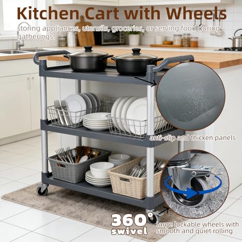 3 Tier Utility Cart with Handle 500 lbs Load Capacity Heavy Duty Serving Cart with Wheels for Kitchen Warehouse Garage Restaurant, Plastic Rolling Trolley Utility Shelf for Storage, Gray