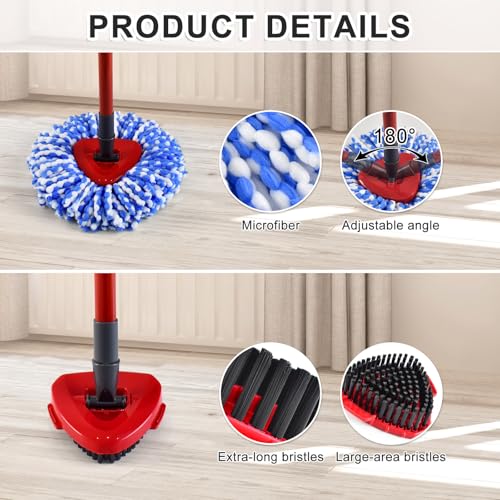 Mop Handle Mop Replace Heads and Mop Base Brush Replacement for O Cedar EasyWring 2-Tank System Include 3 Spin Mop Replacement Head, 4-Section Mop Handles, 1 Base and 1 Scrub Brush Combo - color: 3 Blue Mop Heads + 1 Set Mop Handle ( 2 Tank )