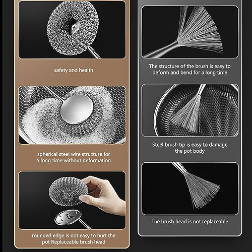 Stainless Steel Scourer Scrub Set with Long Handle Brush+Steel Ball+Screwdriver Metal Scouring Pad Removes Grease, Oil and Dirt Stains from Pots, Dishes and Bakeware (A) - color: A