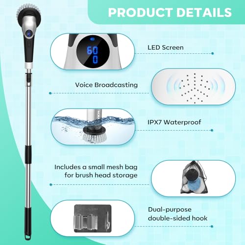 YKYI Cordless Electric Spin Scrubber, Power Cleaning Brush with 8 Replaceable Heads & Extension Handle for Bathroom, Tub, Tile, Floor, Car