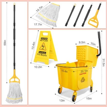 35 Qt Commercial Mop Bucket with Side Press Wringer on Wheels Set | Including 35 Quart Industrial Mop Bucket |1 Commercial Mop |1 Wet Floor Caution Sign | Yellow