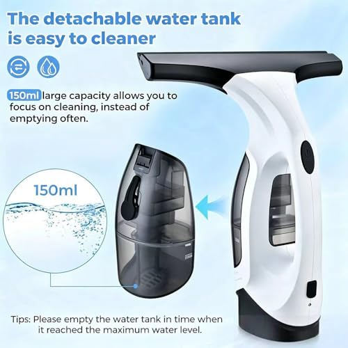 Cordless Window Vacuum Squeegee with 150ml Detachable Water Tank, Electric Window Cleaner Handheld Glass Cleaning Tool with Strong Suction for for Mirror, Shower Wall, Tile, Car Glass
