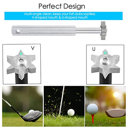 VIPMOON Golf Club Cleaner Kit, 2 Pcs Groove Sharpener Regrooving Tool and 1 Pcs Retractable Club Cleaner Brush, Portable Groove Sharpener Tool for All Golf Irons for Men - color: silver