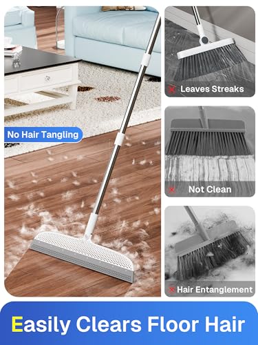 Silicone Floor Squeegee, 180° Rotating Air Broom, Squeegee for Floor with a Long Handle, Magic Broom for Water and Pet Hair Removal on Bathroom Floors, Tile, Deck and Glass, Indoor Cleaning Tool - size: [Hot] 15.7" | Soft TPR Silicone with Raised Dots
