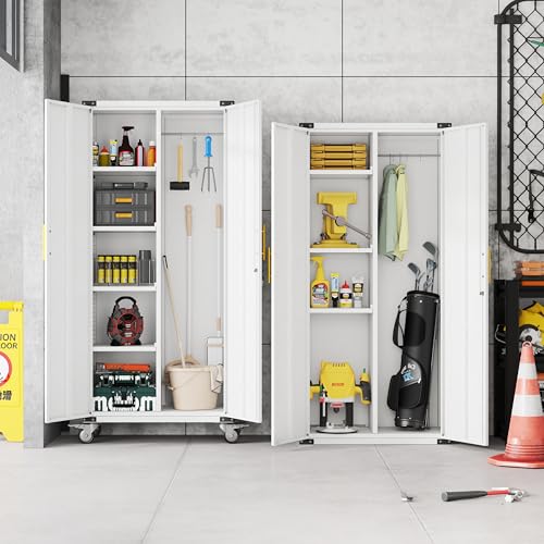 Broom Closet Storage Cabinet, Metal Cleaning Cabinets with Hanging Rod and S-Hooks, Lockable Tool Cabinets, Utility Cabinet for Garden, Bathroom, Laundry Room, White - color: White