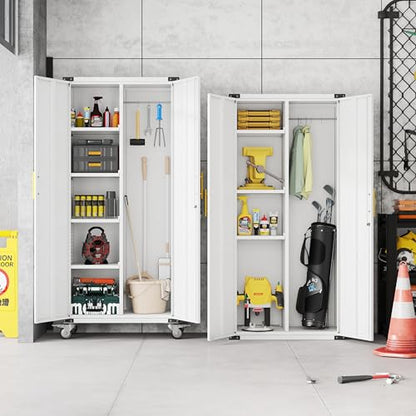 Broom Closet Storage Cabinet, Metal Cleaning Cabinets with Hanging Rod and S-Hooks, Lockable Tool Cabinets, Utility Cabinet for Garden, Bathroom, Laundry Room, White - color: White