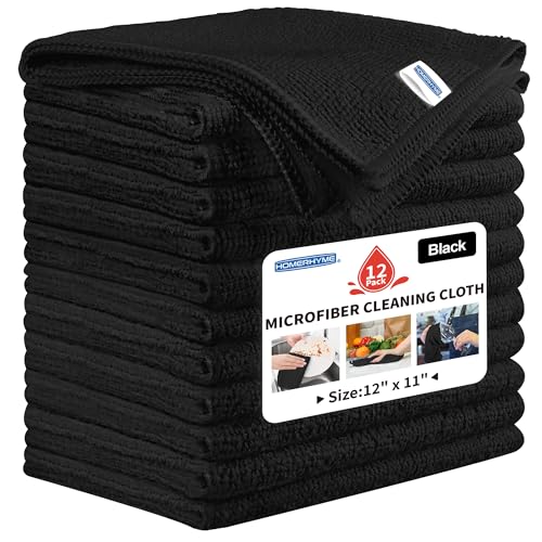 Microfiber Cleaning Cloth, 12 Pack Black Cleaning Rags,12" X 11" Lint Free Dish Towels Wash Cloths, Reusable Microfiber Towels for Home and Kitchen Bathroom Apartment Cleaning Supplies - color: Black, size: 12 Pack
