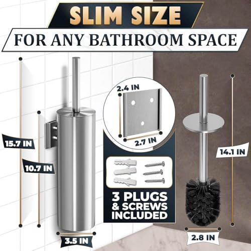 Silver Modern Toilet Brush and Holder Set with Wall Mount - Stainless Steel Toilet Brush with Holder - Removable Inner Bowl, Shiny Design, Splash Protection & Dense Bristles for Bathroom Cleaning - color: Silver Wall-mounted