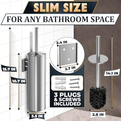 Silver Modern Toilet Brush and Holder Set with Wall Mount - Stainless Steel Toilet Brush with Holder - Removable Inner Bowl, Shiny Design, Splash Protection & Dense Bristles for Bathroom Cleaning - color: Silver Wall-mounted