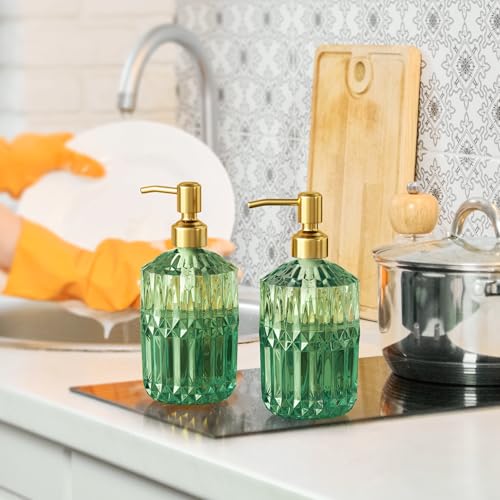 AmazerBath Soap Dispenser Green Glass Soap Dispenser with Pump Stainless Steel, 14.2OZ Luxury Gold Hand Soap Dispensers Bottles Bathroom, Refillable Kitchen Soap Dispenser for Dish Soap, 1 Pack - color: Green & Gold - 1 Pack