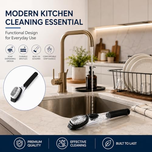 Soap Dispensing Dish Brush with Built-in Scraper, Black, for Dishes, Pots, Pans, Plates, Cookware, and Countertops