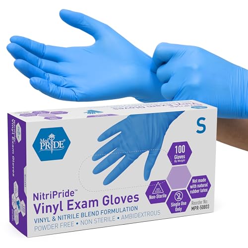 MED PRIDE Nitrile/Vinyl Blend Exam Gloves, Powder-Free, Latex-Free, Disposable, Non-Sterile, Blue, Small (Box of 100) - size: Small