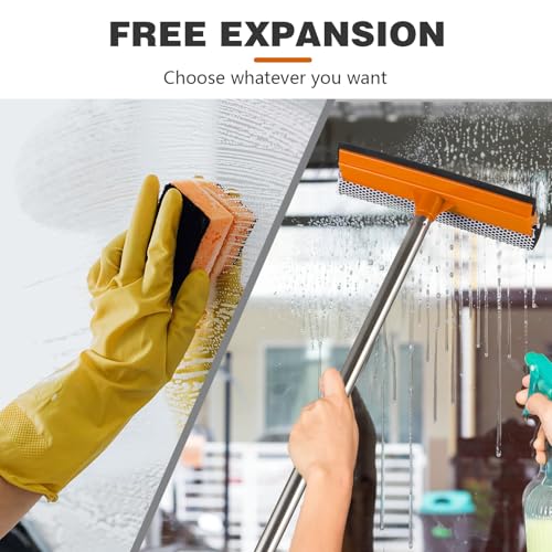 15.9" Window Squeegee with Extension Pole - 2-in-1 Glass Cleaner and Sponge Scrubber for Shower, Car Windshield, Home and Outdoor High Windows with Stainless Steel Handle