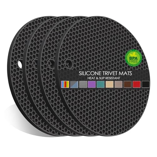 Silicone Trivets for Hot Pots and Pans, 0.31" Thick Trivet Mat for Hot Dishes Set of 4, Heat Resistant Durable Flexible Silicone Mat Pot Mat for Countertop, Easy to Wash and Dry, Dark Gray - color: 03 Dark Gray Round, size: 7x7in