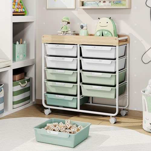10 Drawers Rolling Cart with Wooden Tabletop, Utility Storage Cart with Wheels, Art Supply Craft Organizer on Wheel with Metal Frame & Handles for Home Office School,Green - color: Green