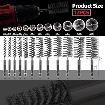 ASNOMY 12Pcs Wire Bore Brush for Drill,5/16"-1-3/16" Stainless Steel Wire Brush Bore Cleaning Brush Set for Power Drill Cleaning,Abrasive Drill Wire Brush with 1/4" Hex Shank - style: 5/16"-1-3/16"