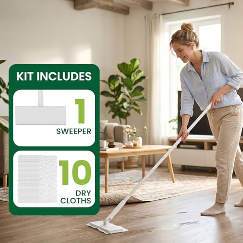 Reusable Microfiber Floor Mop System, Wet & Dry Sweeper Kit, Includes 1 Sweeper Handle, 10 Disposable Power Mop Pads, Dry & Wet Use for Hardwood, Tile, and Laminate Floor