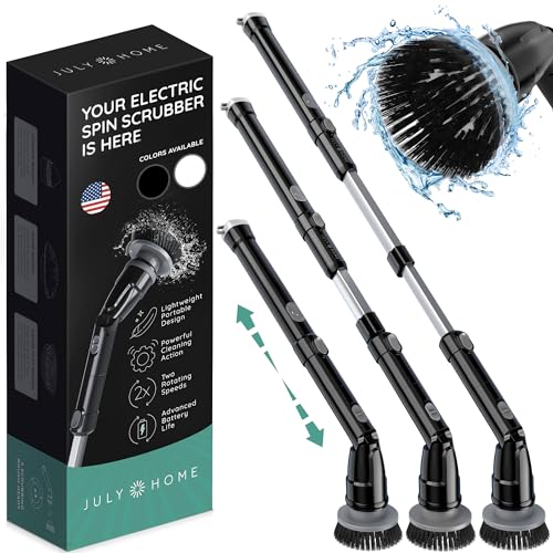JULY HOME Electric Spin Scrubber with Adjustable Extension Shower Scrubber Brush, Cordless Automatic Power Scrubber for Shower, Cleaner for Tile, Floor, Long Handle & 3 Brush (Packaging May Vary) - color: Black, size: Long Handle
