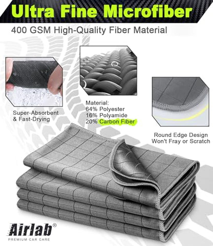 Airlab Carbon Microfiber Towels for Car Drying Window Glass Cleaner Magic Cleaning Cloth Auto Detailing Car Wipes Lint Free Rags Large Towel Interior Detailer, Pack of 4, 20" x 16", Grey - color: 20 X 16 Inch, Pack of 4, Grey