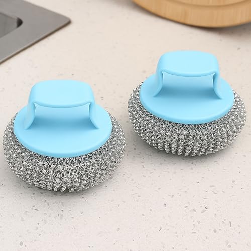 Stainless Steel Scrubbers for Kitchen and Bathroom 2 Pack, Heavy Duty Scouring Pads for Pots, Pans, Sink, Grill, Oven, Steel Wool Cleaning Pads for Dishes and Surfaces Blue