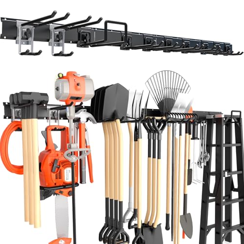 64'' Garage Tool Organizer Wall Mount, 620lbs Heavy Duty Metal Storage Rack | Adjustable Hooks Garden Tool Organization System | Anti-Rust Shed Rack for Hanging Shovel, Rake, Broom, Snowboard - color: 64‘’ Metal Hooks
