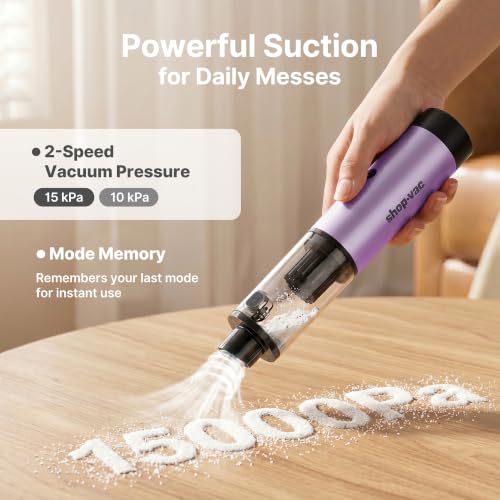Shop-Vac S4 Mini Car Vacuum Cordless, 15000Pa 4-in-1 Portable Handheld Desk Vacuum & Air Duster with Brushless Motor, LED Light, Multi-Nozzles, 2 Modes, for Car, Office, Keyboard Cleaning (Purple)