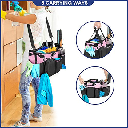 LoDrid Large Professional Cleaning Caddy with Detachable Divider, Supply Organizer with Handle and Shoulder Strap, Cleaning Bags for Housekeepers & Cleaners, Pink - color: Pink