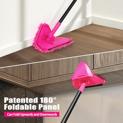 JEHONN Wall Mop with Long Handle 80 inches, Upgraded 180° Collapsible Baseboard Cleaner Tool with Squeegee, Ceiling Duster with 3 Microfiber and 3 Chenille Pads for Cleaning Window, Cabinet (Rose Red) - color: Rose Red