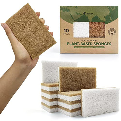 AIRNEX Biodegradable Natural Kitchen Sponges Pack of 6 - Cellulose and Coconut Walnut Scrubber Sponge - Eco Friendly Sponges for Dishes - size: 6 Pack