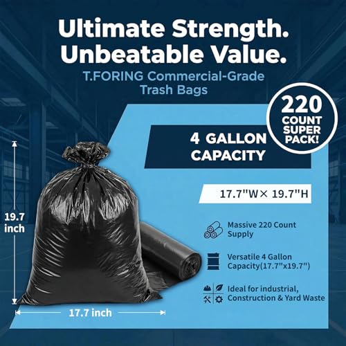 Small Trash Bags 4 Gallon Heavy Duty, 0.94 Mil, Black, 220 Count | 15 Liter Garbage Bag, Plastic Waste Basket Can Liners, Unscented, Leakproof, Tear Resistant, for Bathroom Office Car Bulk - color: 4 gal-220