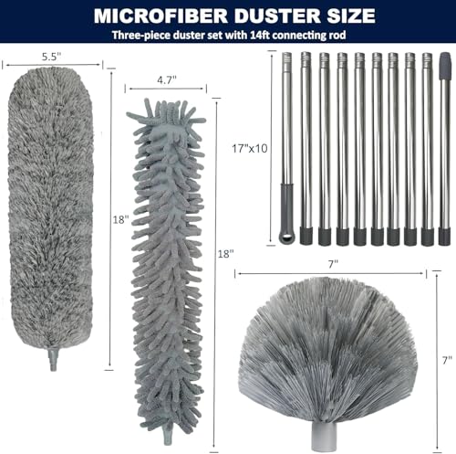 20+ Feet High Reach Duster Kit with 3-14 ft Extension Pole for Cleaning Fan, Spider Web, High Ceiling, Blinds, Furniture, Cars - Cobweb Microfiber Duster // Outdoor & Indoor Extendable Duster