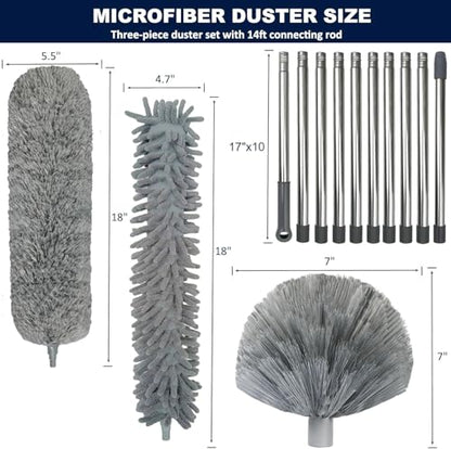 20+ Feet High Reach Duster Kit with 3-14 ft Extension Pole for Cleaning Fan, Spider Web, High Ceiling, Blinds, Furniture, Cars - Cobweb Microfiber Duster // Outdoor & Indoor Extendable Duster