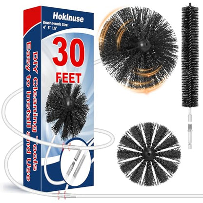 HOKLNUSE Dryer Vent Cleaner Kit Ducts Cleaning Kit for Dryer Air Duct HVAC Vent Fireplace Chimney Pellet Stove Gutter Downspout Dryer Vent Lint Removers with 1.5" 4" 6" Brush Heads(30 Feet) - size: 30 Feet
