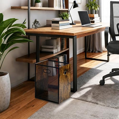 Office Trash Can 4.5 Gallon, Metal Mesh and Wood Combination Small Garbage Can, Rectangular Waste Basket with Handle, Industrial Trashcan for Home Office, Bedroom, Living Room